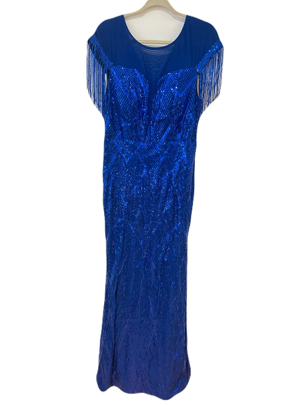 UNITHORSE Blue Sequin Fringe Sleeve Evening Gown US 16 XXL